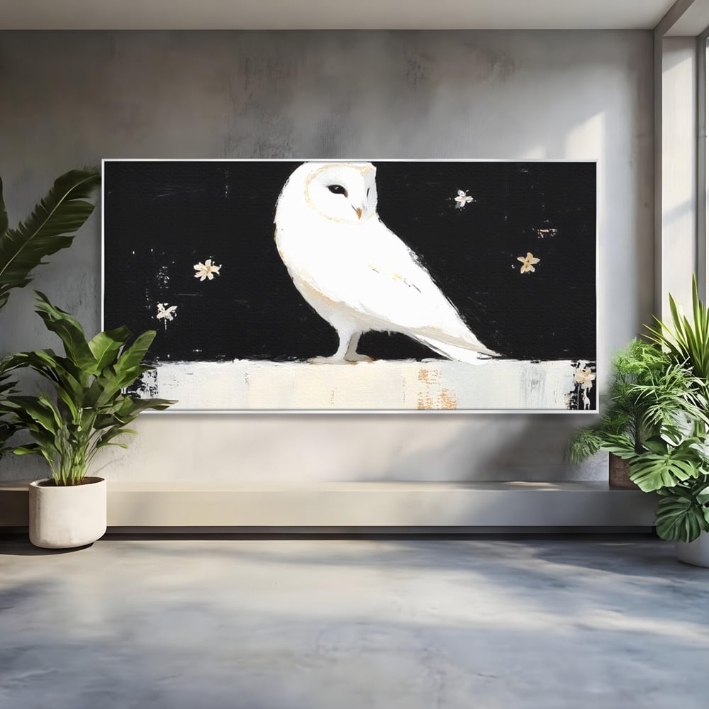 Tablou canvas cu tablou canvas cu bufnita alba, in rama de aluminiu argintiu